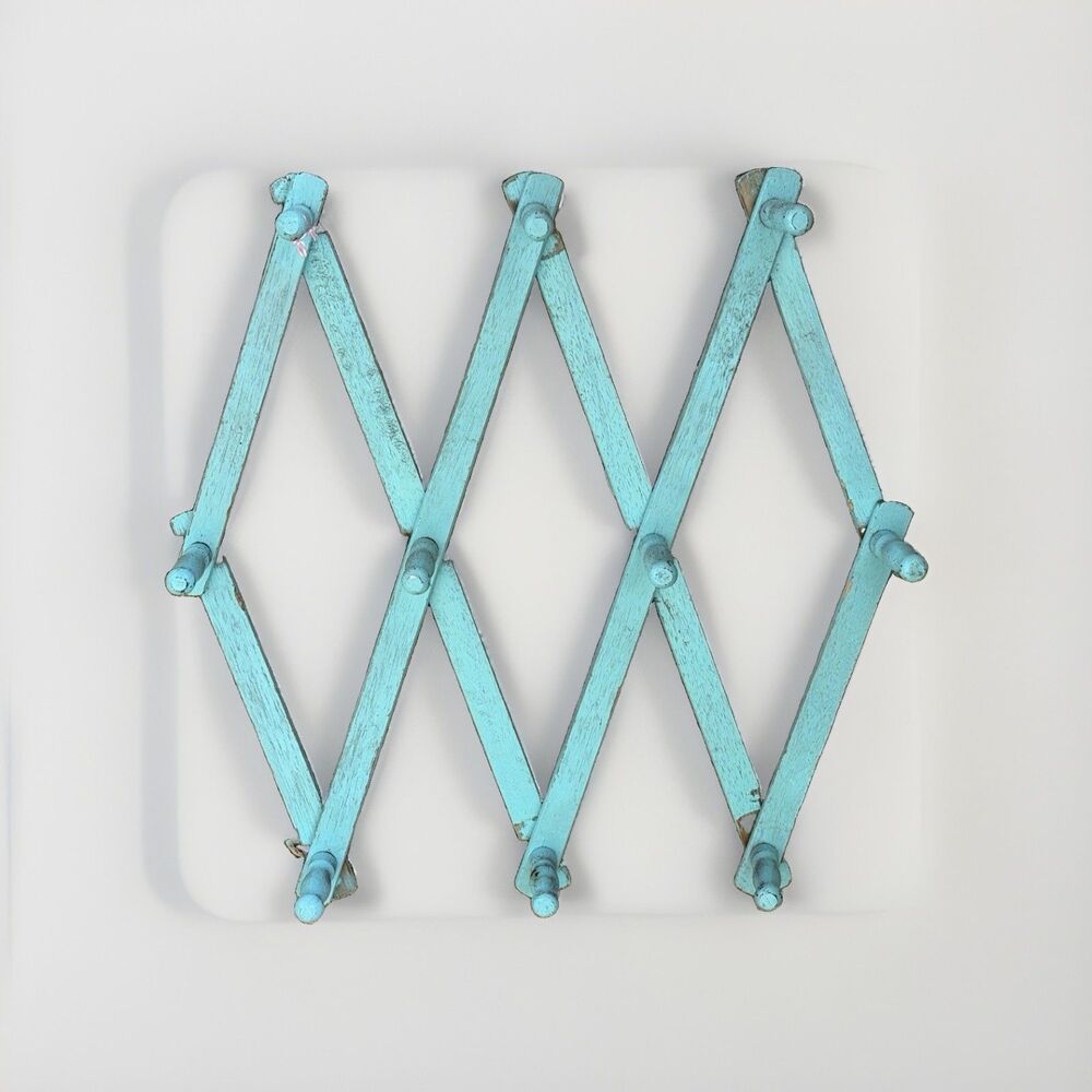 Vintage 42” Accordion Peg Rack 10 Hook Turquoise Wall Hanger Hong Kong